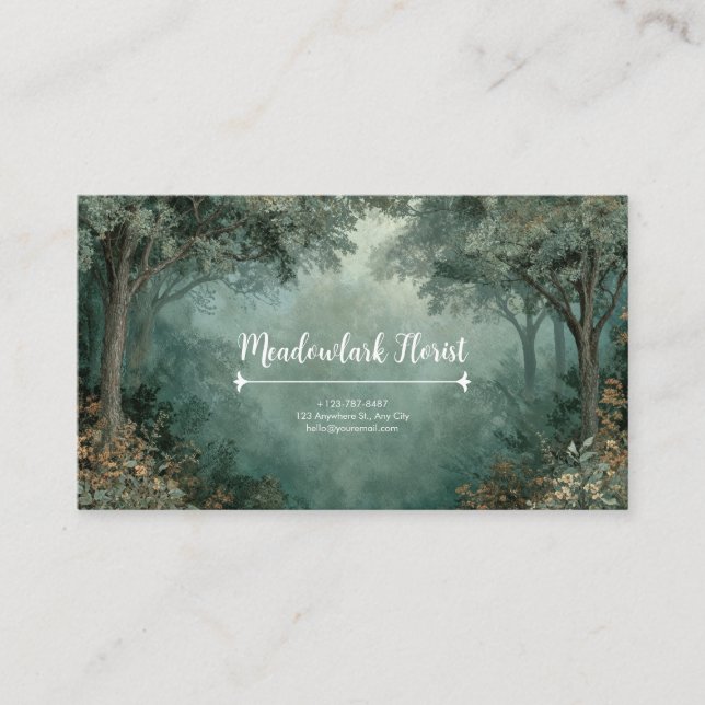 Misty Forest Archway Moss Green Rustic Business Card (Front)