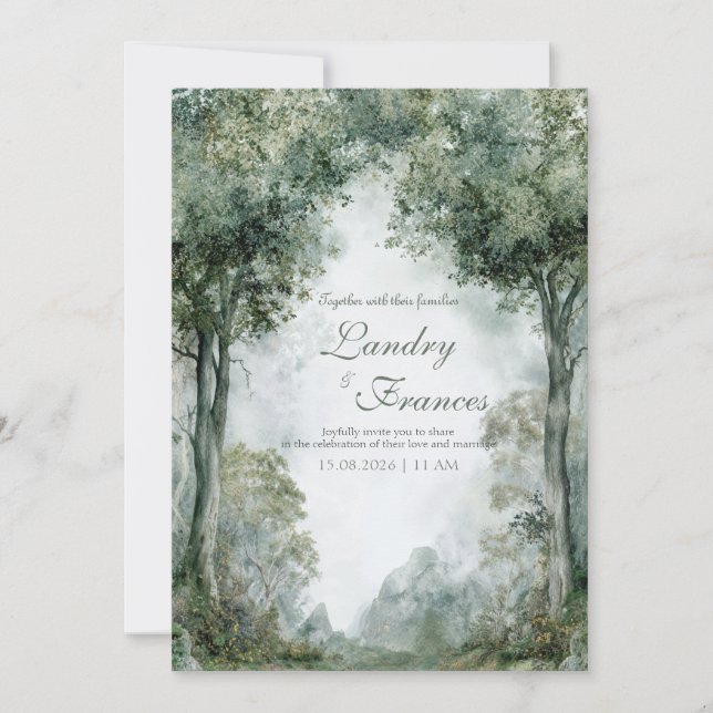 Misty Forest Archway Serene Mountain Landscape Invitation (Front)