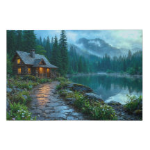 Misty Forest Cabin Lake Landscape Art
