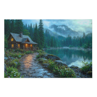 Misty Forest Cabin Lake Landscape Art Faux Canvas Print