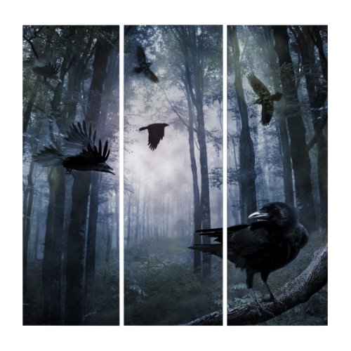 Misty Forest Crows Acrylic Triptych