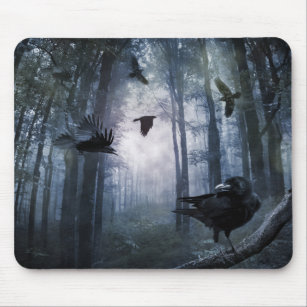 Misty Forest Crows Mouse Pad