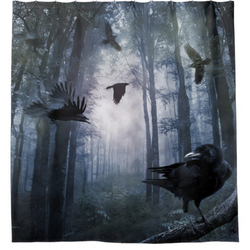 Misty Forest Crows Shower Curtain