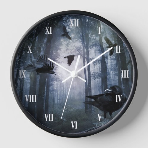 Misty Forest Crows Wall Clock