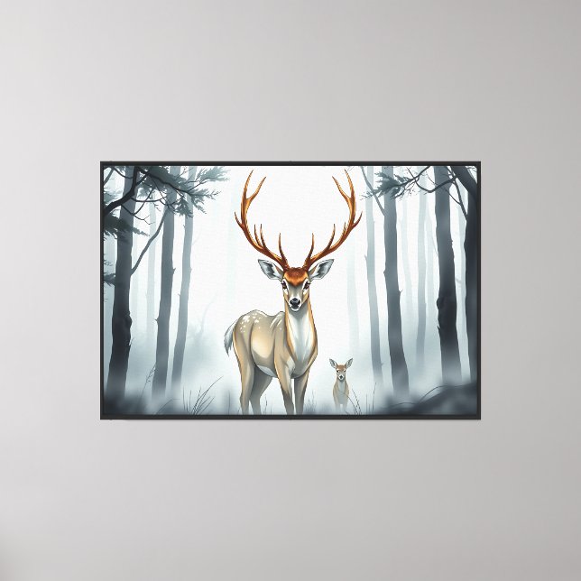 Misty Forest Deer Duo – Majestic Wildlife Wall Art (Front)