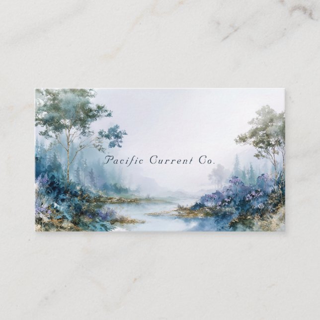 Misty Forest Gold Accented Serene Landscape Business Card (Front)