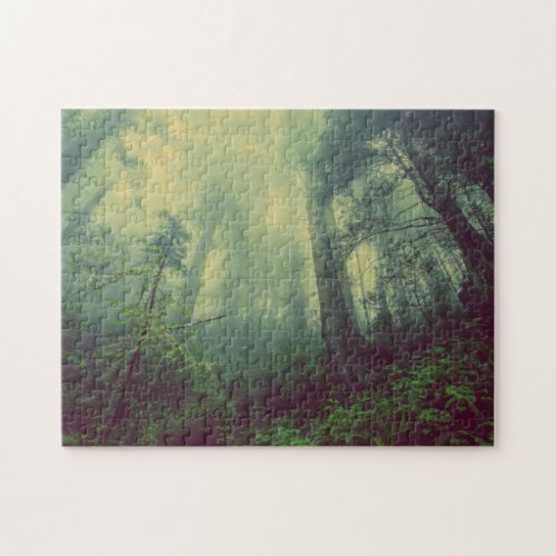 Misty Forest Green Trees Jigsaw Puzzle