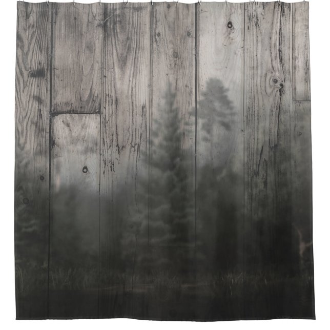 Misty Forest Lake Pine Trees & Wood Rustic Shower Curtain (Front)