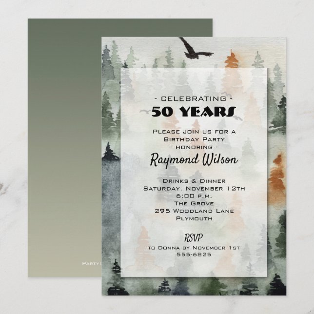 Misty Forest Masculine Birthday Party Invitations (Front/Back)
