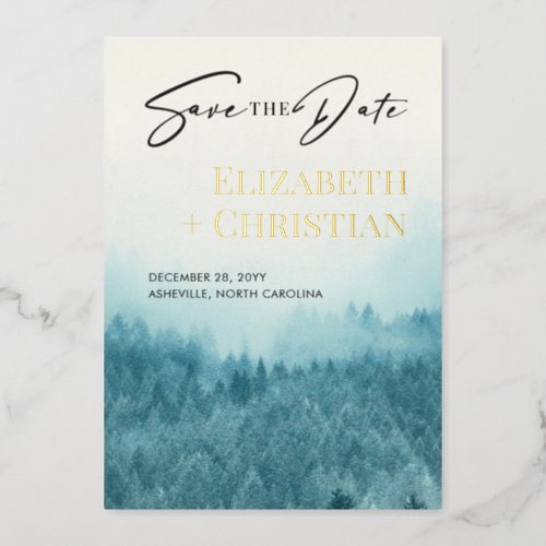Misty Forest Mountain Blue Save The Date Foil Invitation