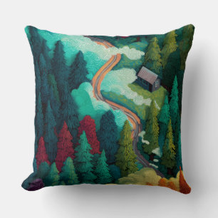Misty Forest Mountain Cabin Embroidered Style Throw Pillow