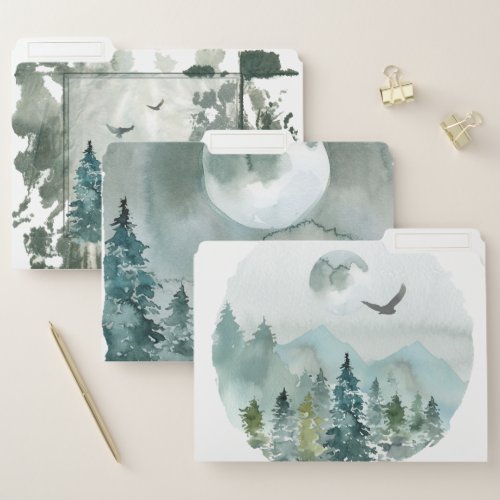 Misty Forest Mountains Watercolor File Folder