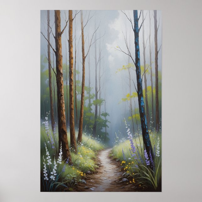 Misty Forest Path with Sunlight Atmospheric Nature Poster (Front)