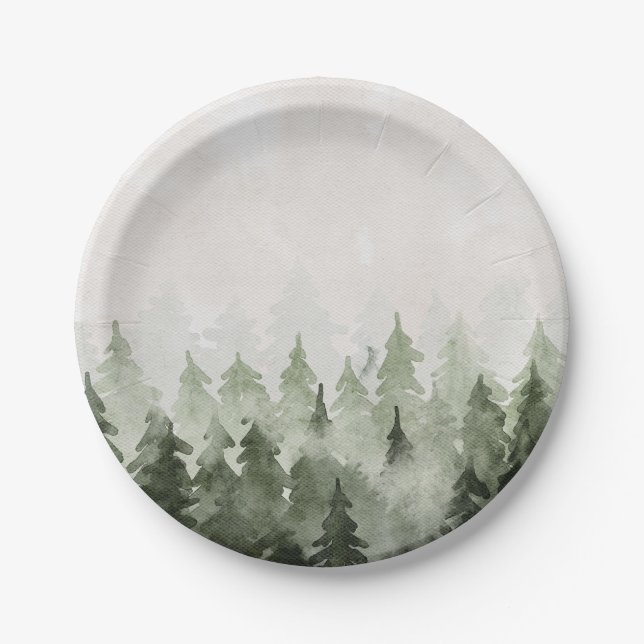 Misty Forest Pine Trees Paper Plates (Front)