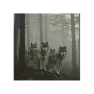 Misty Forest Wolf Pack Wood Wall Art