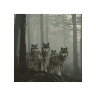 Misty Forest Wolf Pack Wood Wall Art