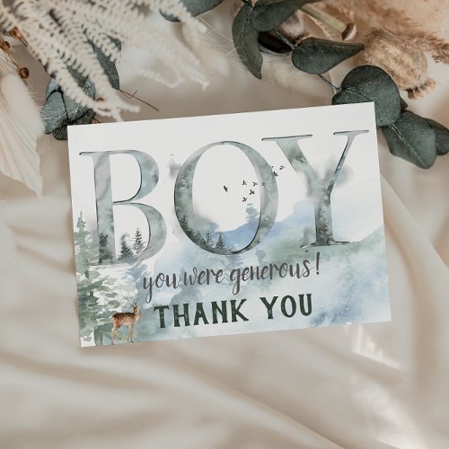 Misty Forest Woodland Country Deer Boy Baby Shower Thank You Card