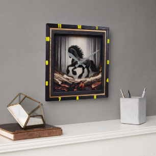 Misty Gallop: Customizable Charred Wood Friesian Square Wall Clock