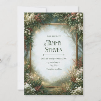 Misty Gold Frame Forest Wedding Invitation