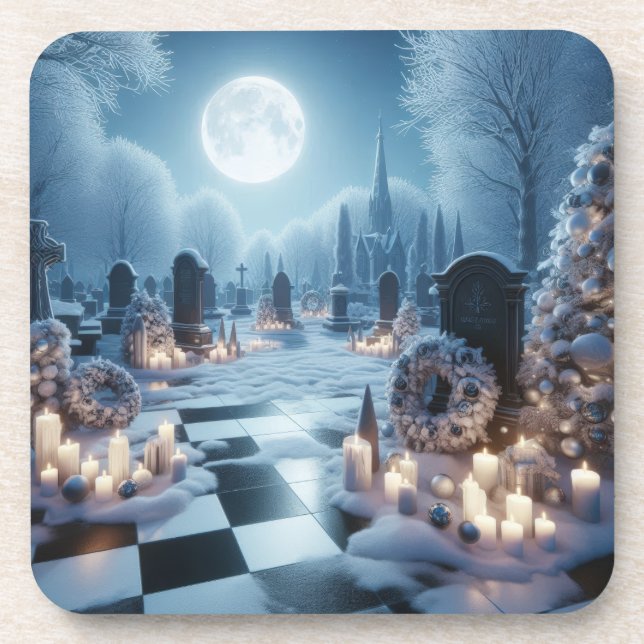 Misty Graveyard Christmas | Gothic Holiday Decor Beverage Coaster (Front)
