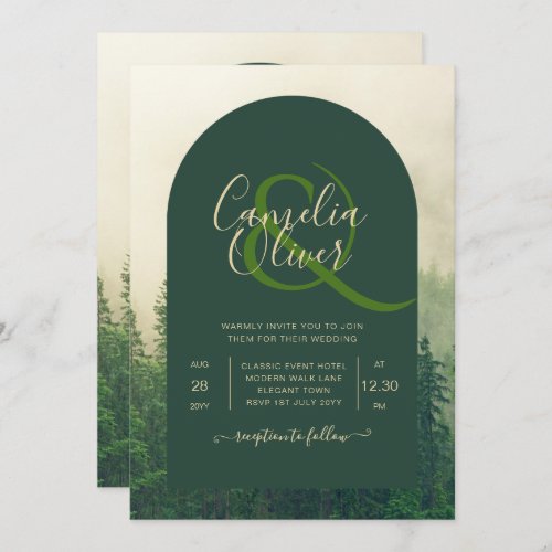 Misty Green Forest mountain Pine Trees Wedding Invitation