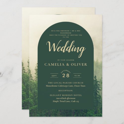 Misty Green Forest mountain Pine Trees Wedding Invitation