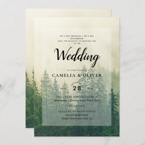 Misty Green Forest mountain Pine Trees Wedding Invitation