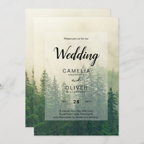 Misty Green Forest mountain Pine Trees Wedding Invitation