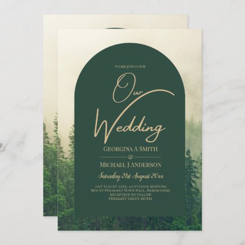 Misty Green Forest mountain Pine Trees Wedding Invitation