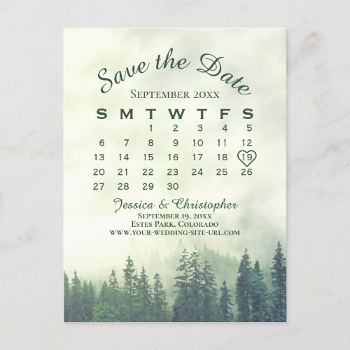 Misty Green Forest Wedding Save the Date Calendar Announcement Postcard