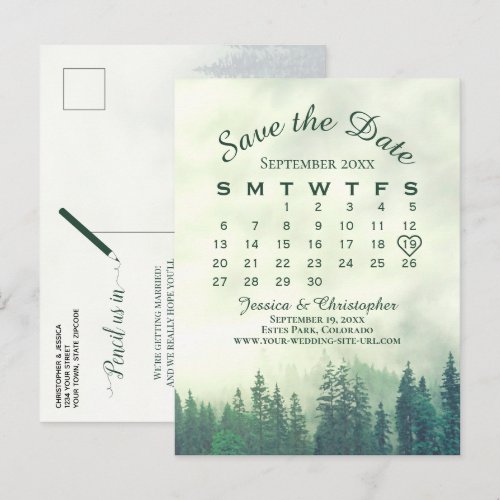 Misty Green Forest Wedding Save the Date Calendar Announcement Postcard