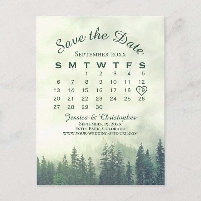 Misty Green Forest Wedding Save the Date Calendar Announcement Postcard (Front)