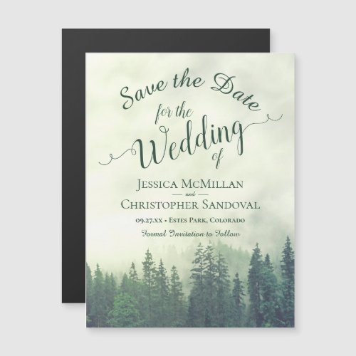 Misty Green Mountain Pines Wedding Save the Date Magnetic Invitation