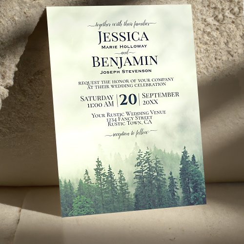 Misty Green Pine Forest Rustic Outdoors Wedding Invitation