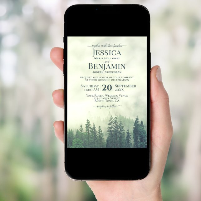 Misty Green Pine Forest Rustic Outdoors Wedding Invitation (Front Digital)