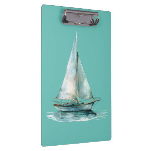 Misty Green Sailboat - Watercolor Yacht Design Clipboard