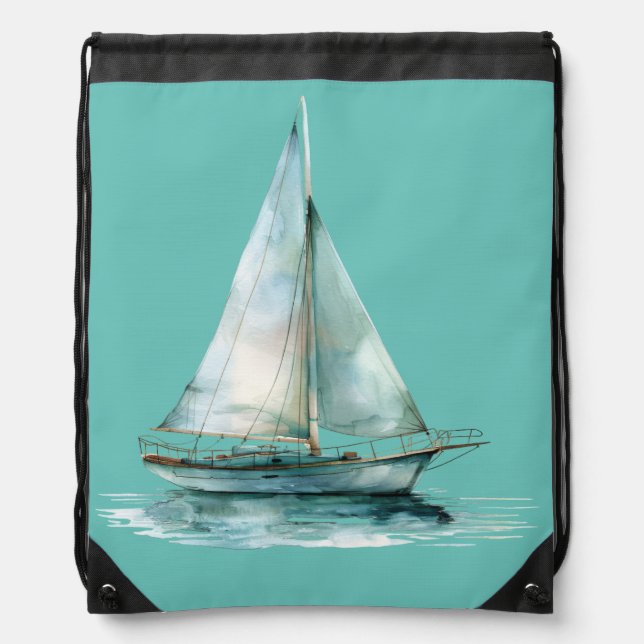 Misty Green Sailboat - Watercolor Yacht Design Drawstring Bag (Front)