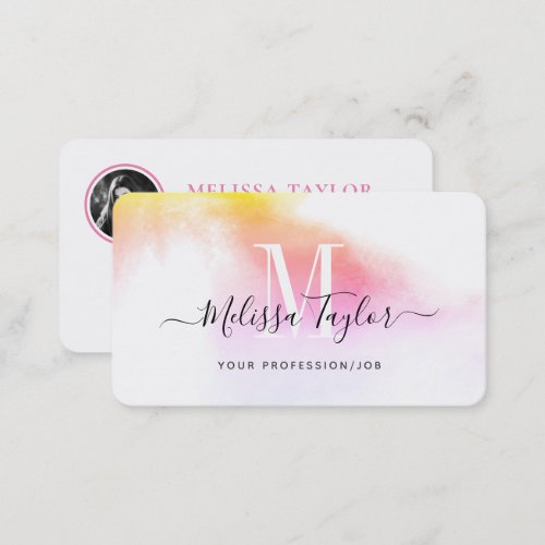 Misty Holography Pink and Gold Monogram Photo Business Card