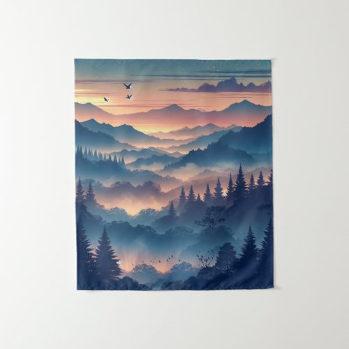 Misty Indigo Forest Mountain Landscape Aesthetic Tapestry