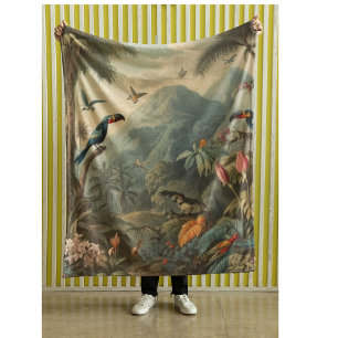 Misty Jungle Odyssey Vintage Botanical Fleece Blanket