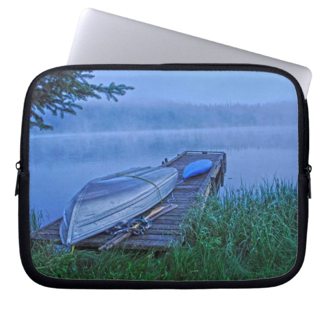 Misty Lake, Dock, Boat & Kayak Nature Scene Laptop Sleeve (Front)