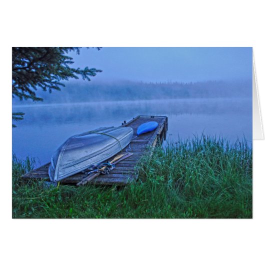Misty Lake, Dock, Row Boat & Kayak Nature Scene (Front Horizontal)