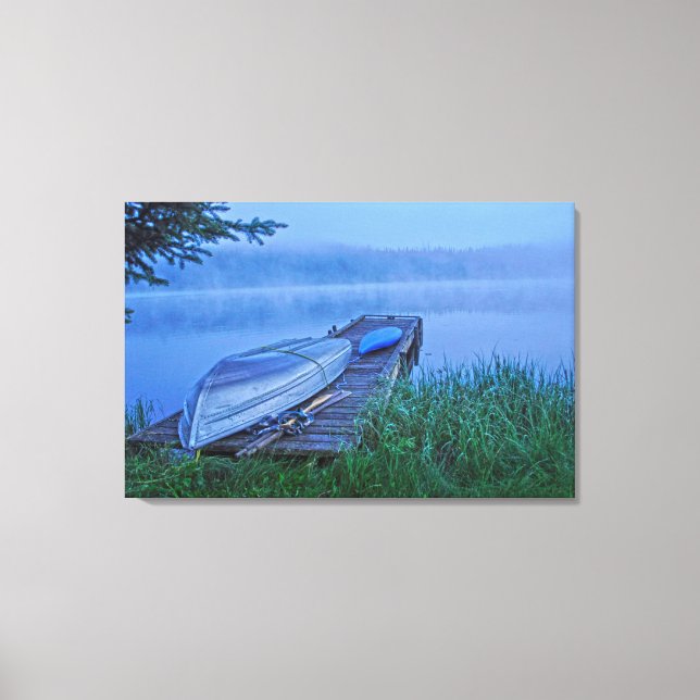 Misty Lake, Dock, Row Boat & Kayak Nature Scene Canvas Print (Front)