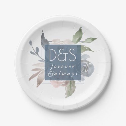 Misty Lake  Dusty Floral Always Forever Monogram Paper Plates