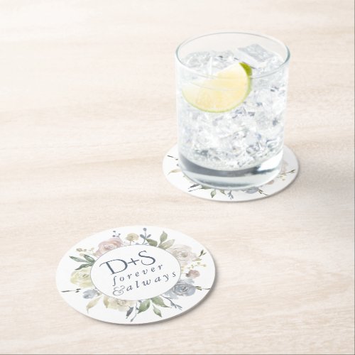 Misty Lake  Dusty Floral Always Forever Monogram Round Paper Coaster