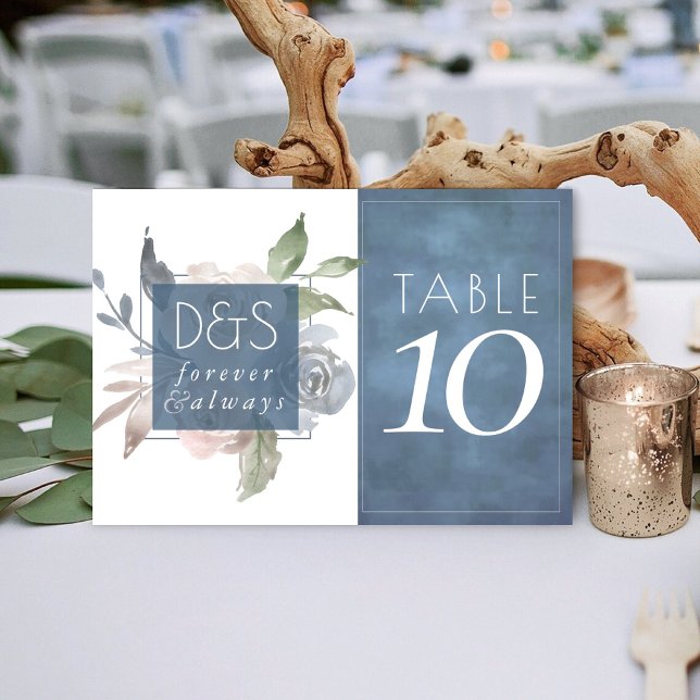 Misty Lake | Dusty Floral Always Forever Monogram Table Number (Creator Uploaded)
