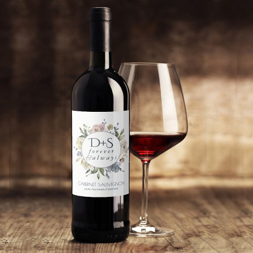 Misty Lake  Dusty Floral Always Forever Monogram Wine Label