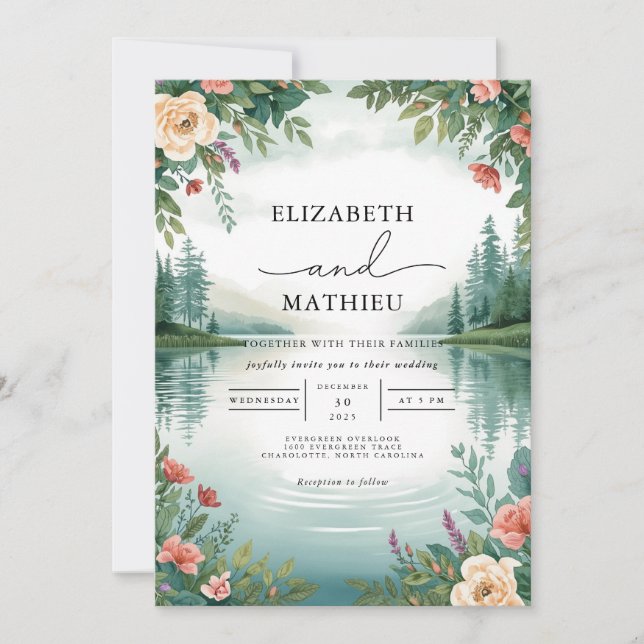 Misty Lake Floral Landscape Wedding Invitation (Front)