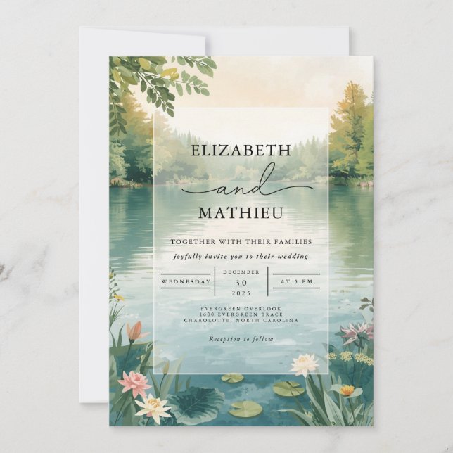 Misty Lake Floral Romance Wedding Invitation (Front)