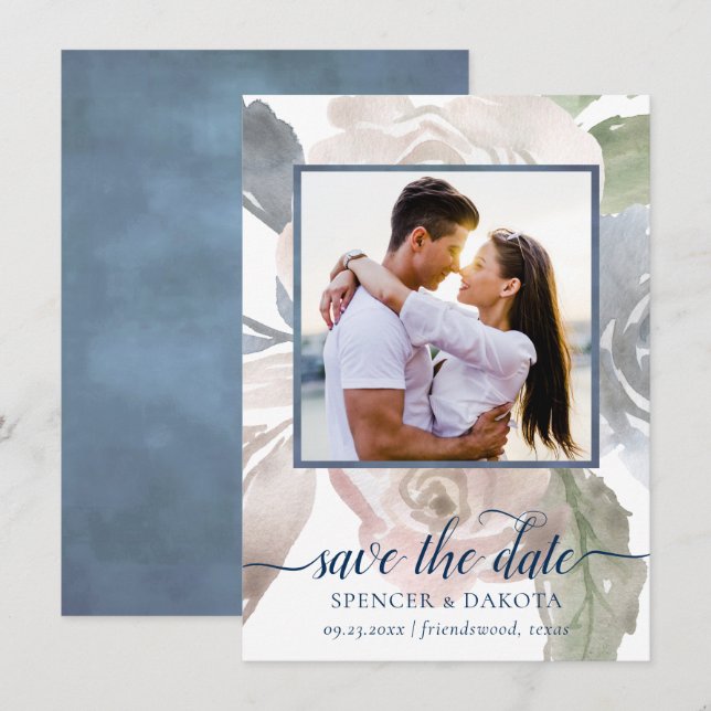 Misty Lake | Lovely Soft Dusty Hued Floral Photo Save The Date (Front/Back)